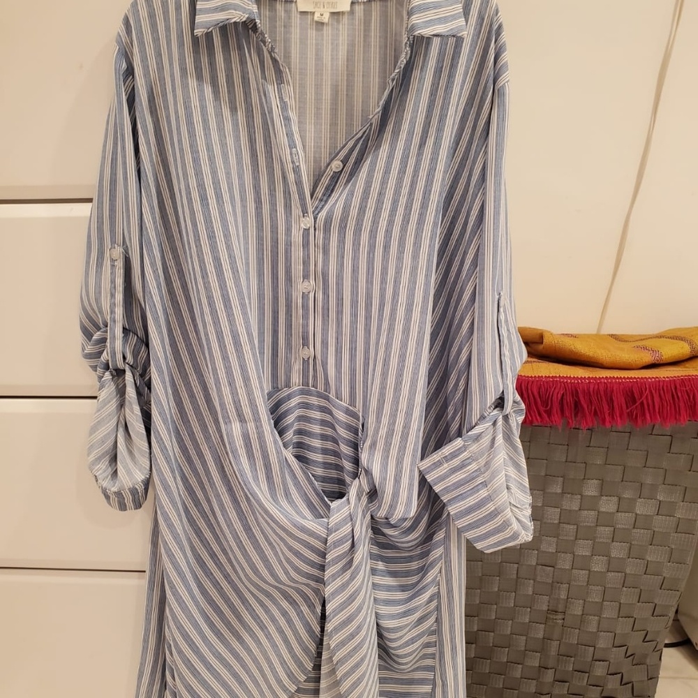 blue and white striped dress